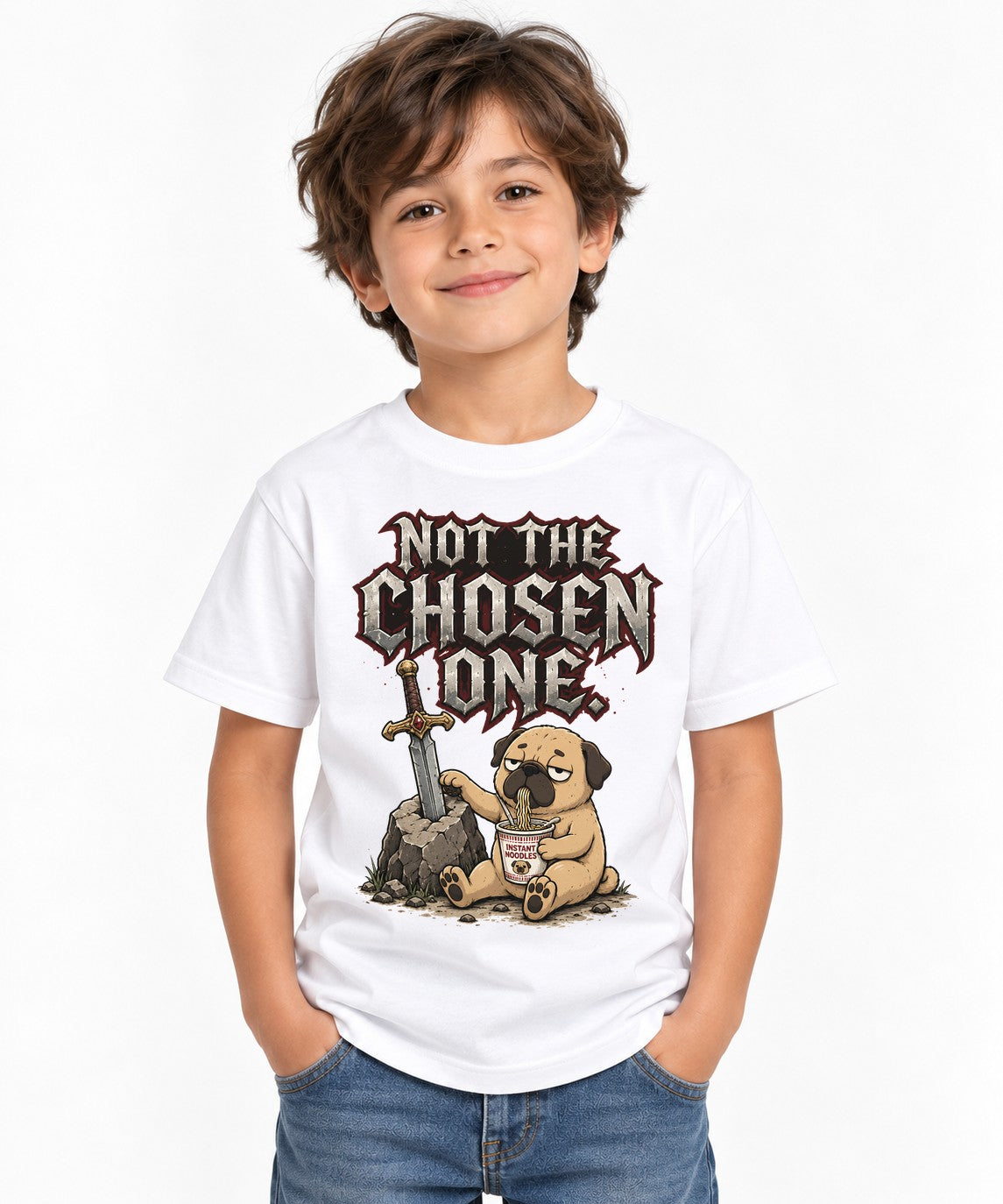 Not The Chosen One Funny Pug Sword in the Stone Instant Noodles Gamer Humor - White