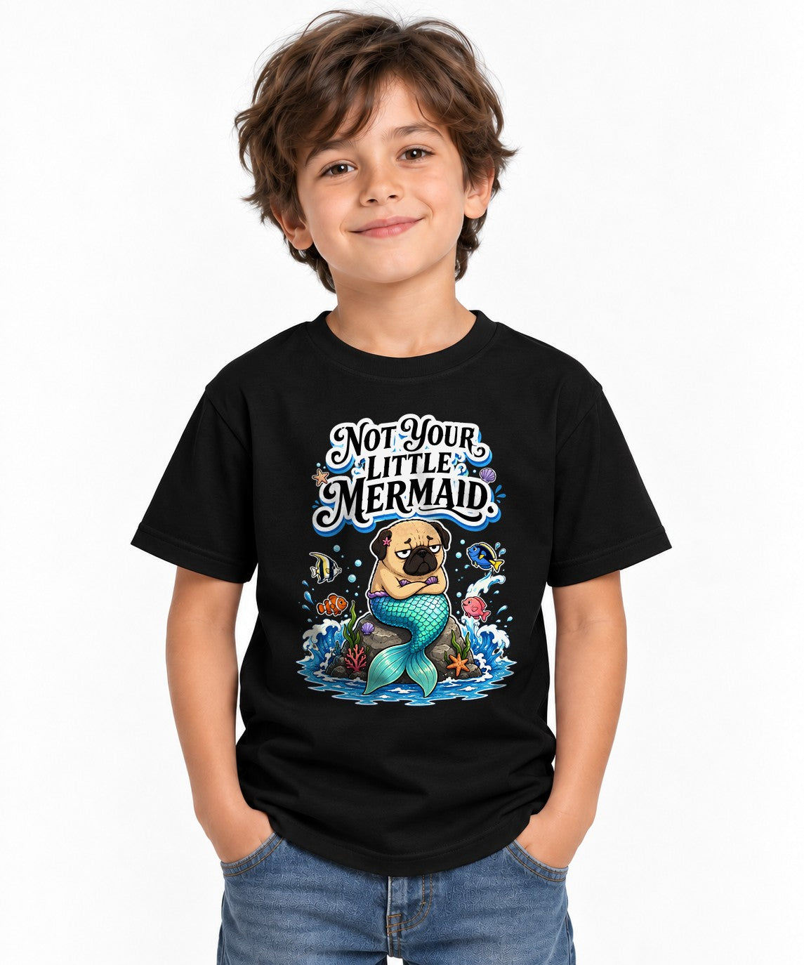 Not Your Little Mermaid Pug Shirt - Funny Mermaid Dog Graphic Tee - Black