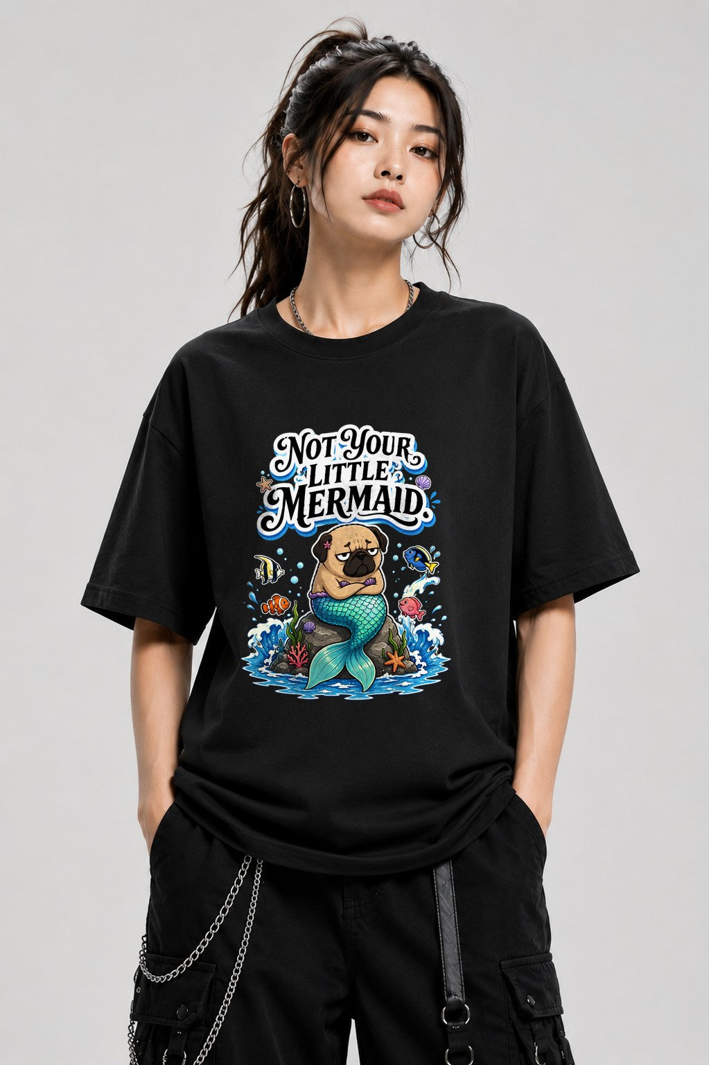 Not Your Little Mermaid Pug Shirt - Funny Mermaid Dog Graphic Tee - Black