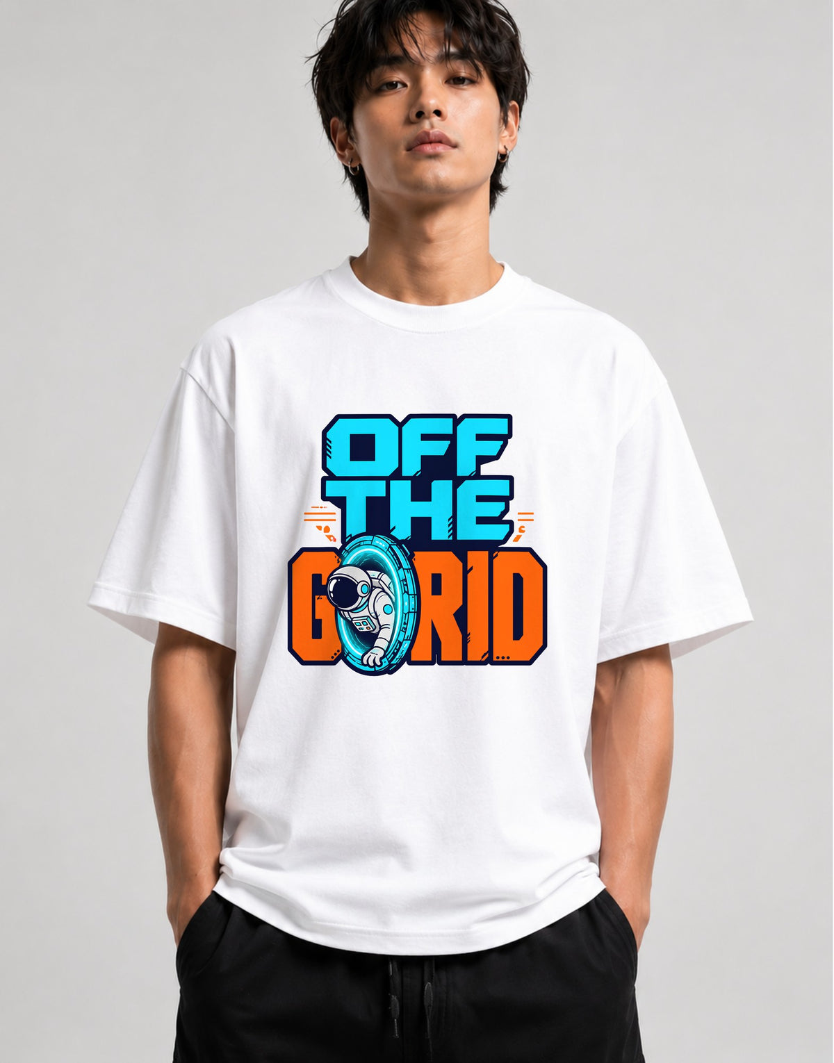 Off The Grid Astronaut Tee - Retro Space Gamer Graphic Shirt - White