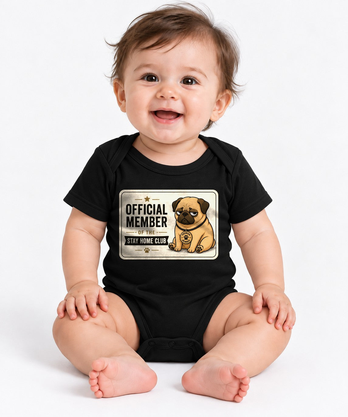 Official Member Stay Home Club Funny Lazy Pug Vintage Dog Badge - Black