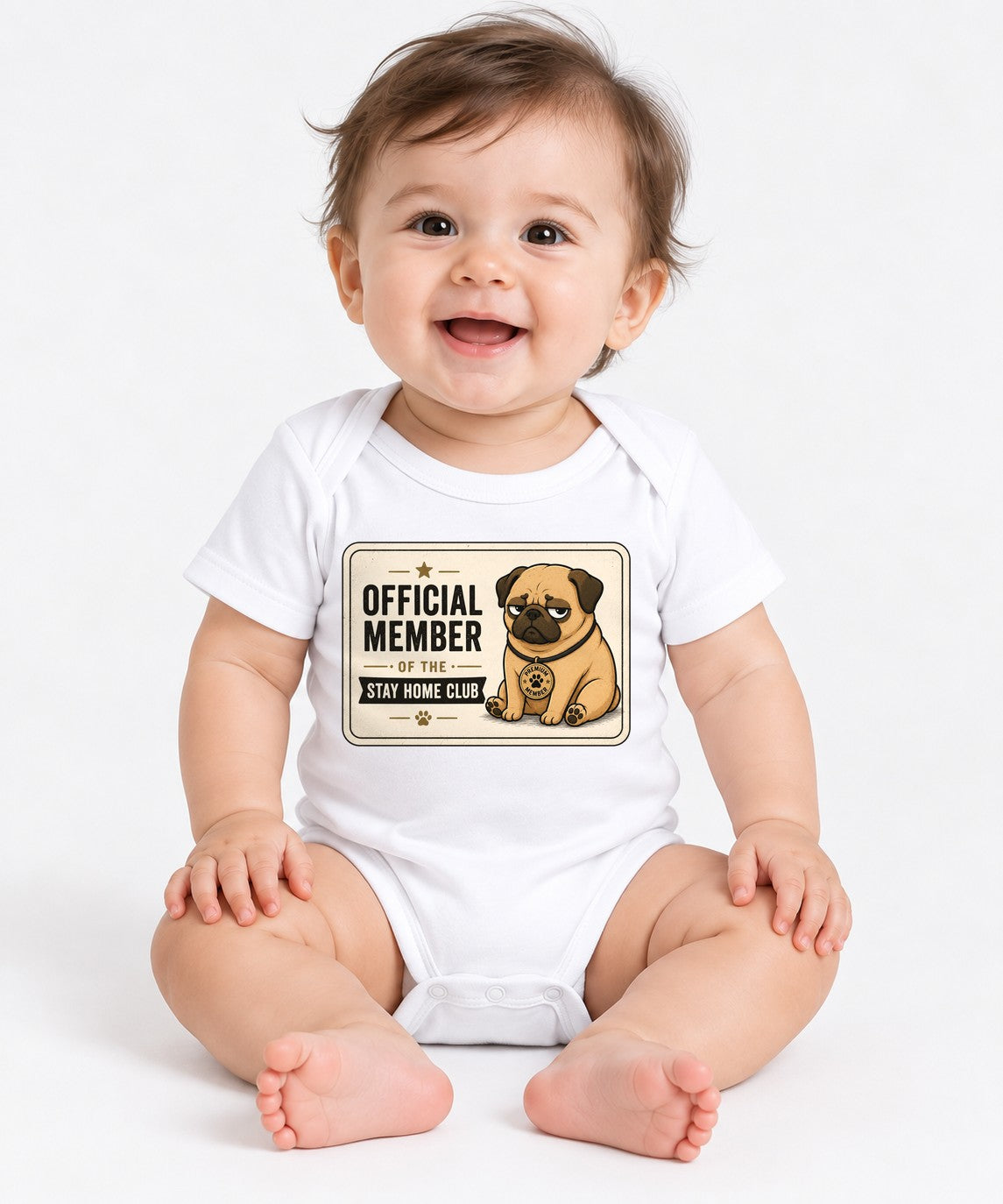 Official Member Stay Home Club Funny Lazy Pug Vintage Dog Badge - White