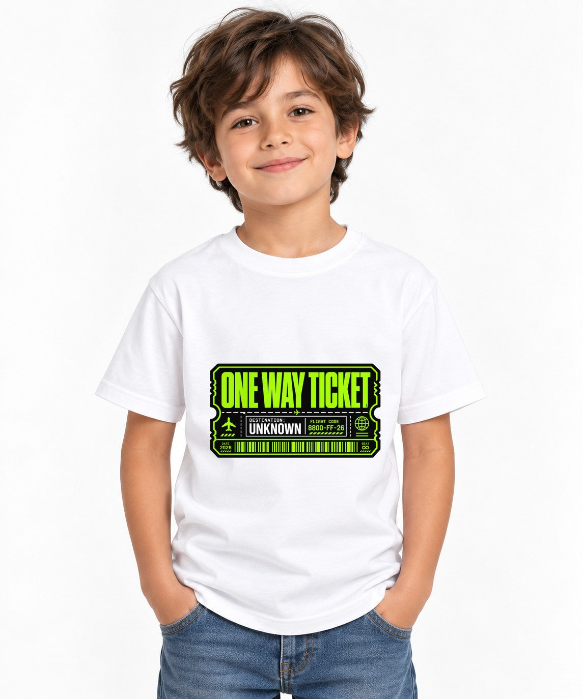 One Way Ticket Graphic Tee - Mystery Destination Airplane Design - White