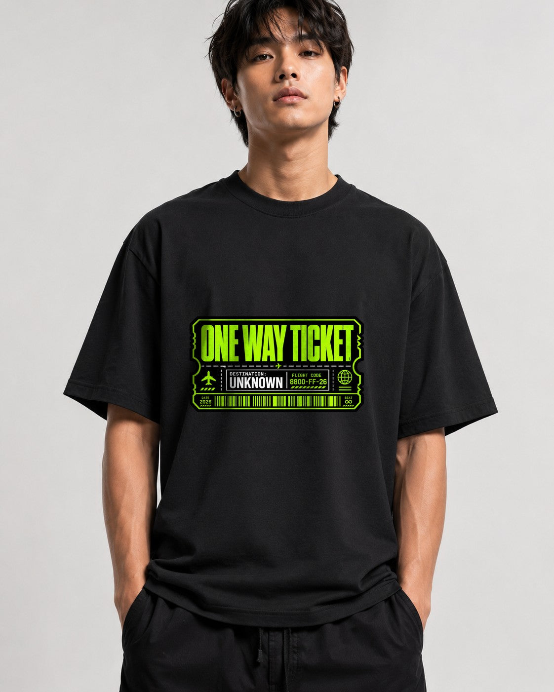 One Way Ticket Graphic Tee - Mystery Destination Airplane Design - Black