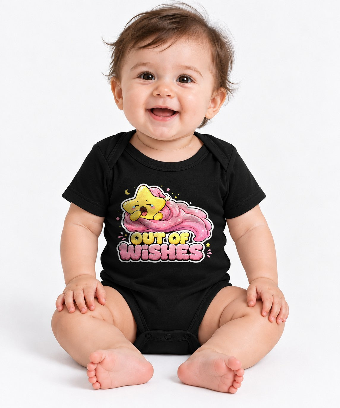 Out Of Wishes - Cute Yawning Shooting Star Tired Graphic T-Shirt - Black