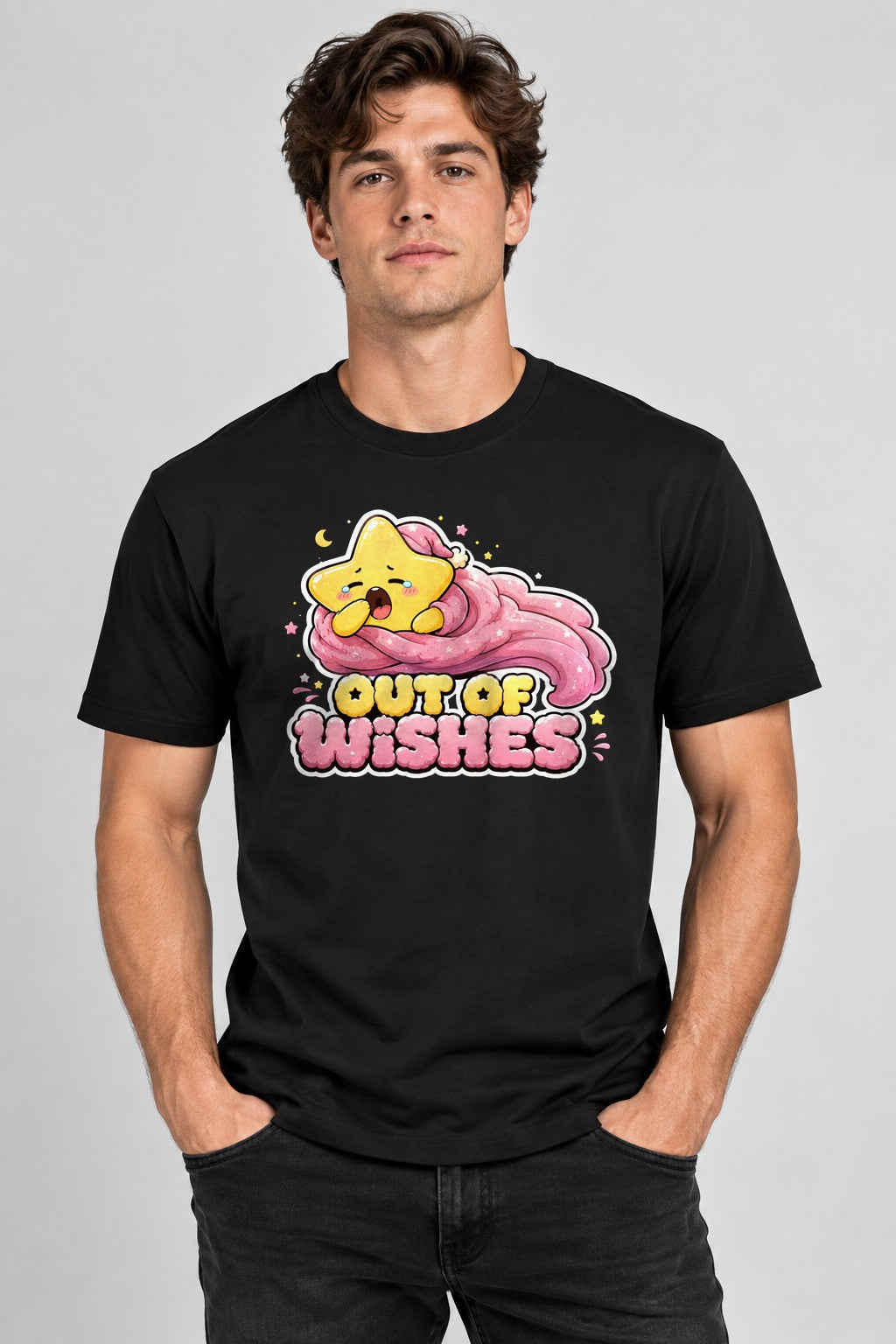 Out Of Wishes - Cute Yawning Shooting Star Tired Graphic T-Shirt - Black