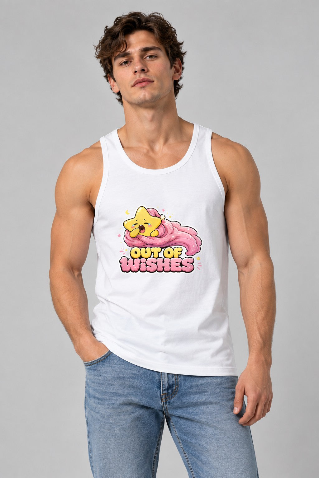 Out Of Wishes - Cute Yawning Shooting Star Tired Graphic T-Shirt - White
