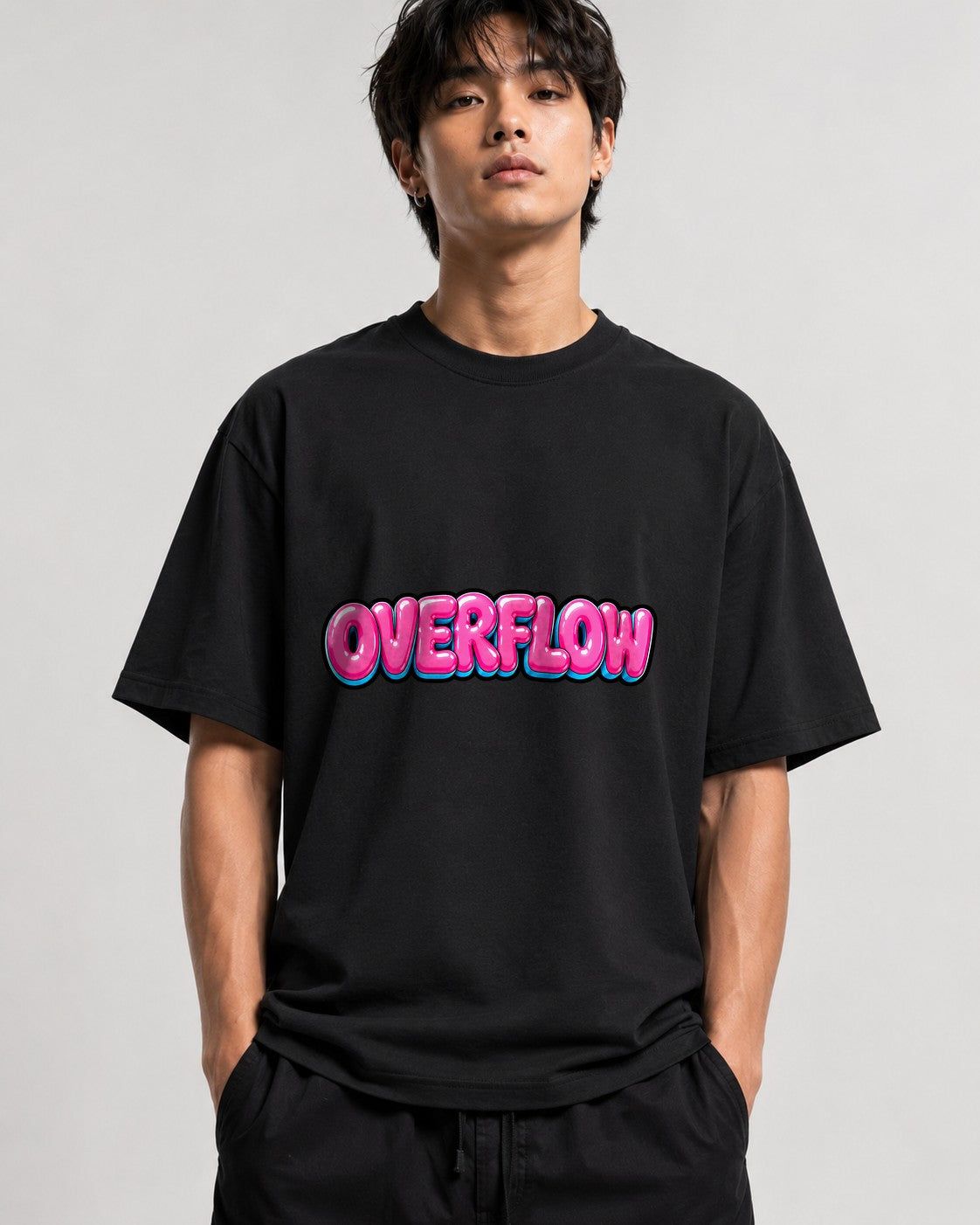 Overflow Bubble Letter Graphic Tee - Bold Pink Street Style - Black