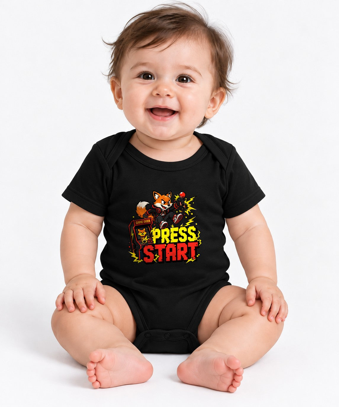 Press Start Fox Gamer Tee - Retro Arcade Gaming Shirt - Black