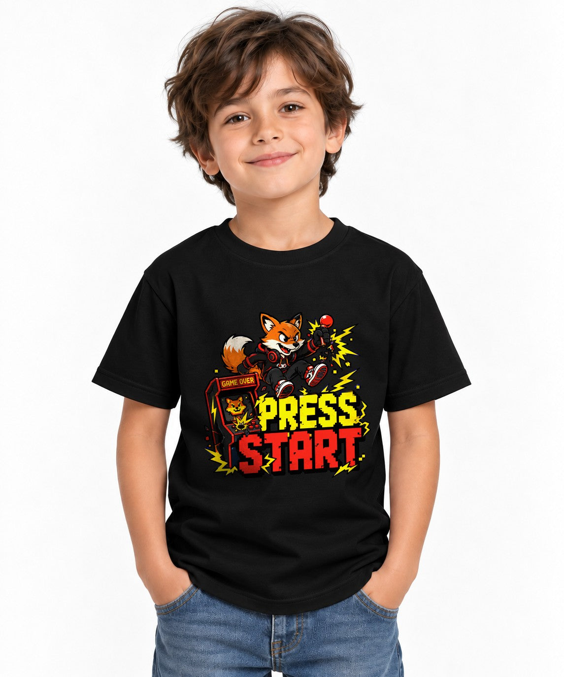 Press Start Fox Gamer Tee - Retro Arcade Gaming Shirt - Black