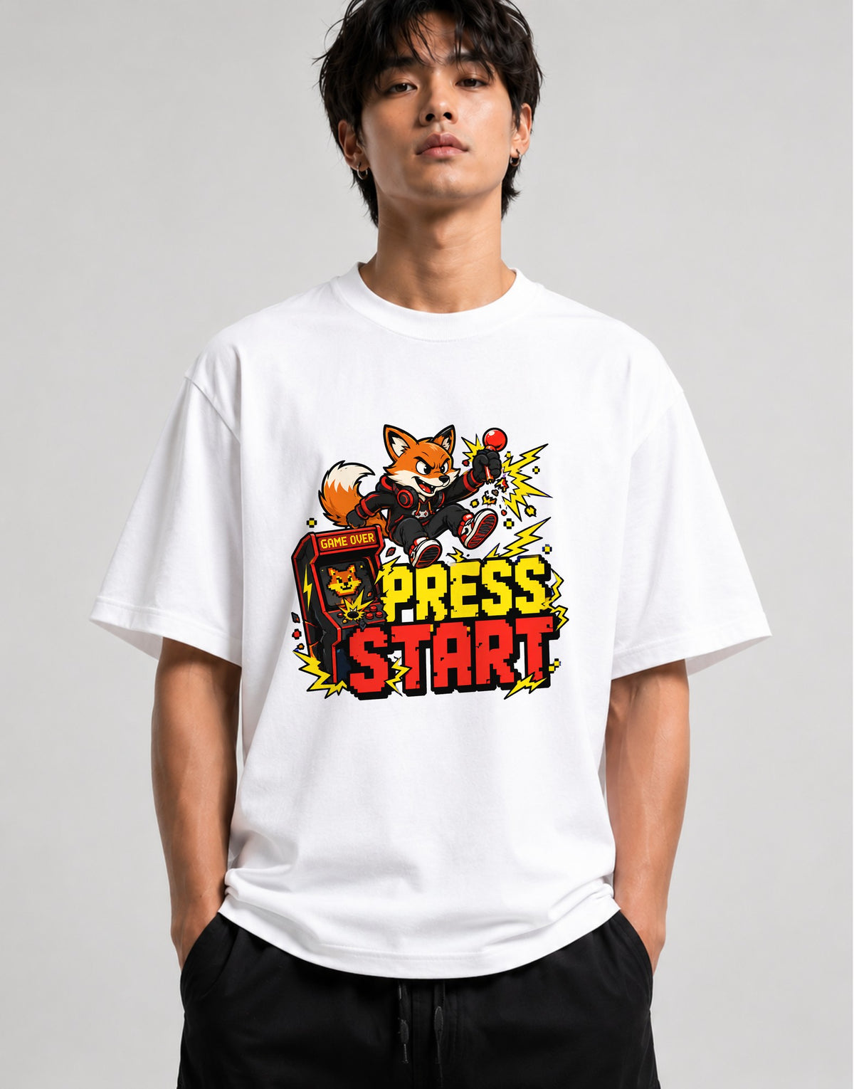 Press Start Fox Gamer Tee - Retro Arcade Gaming Shirt - White