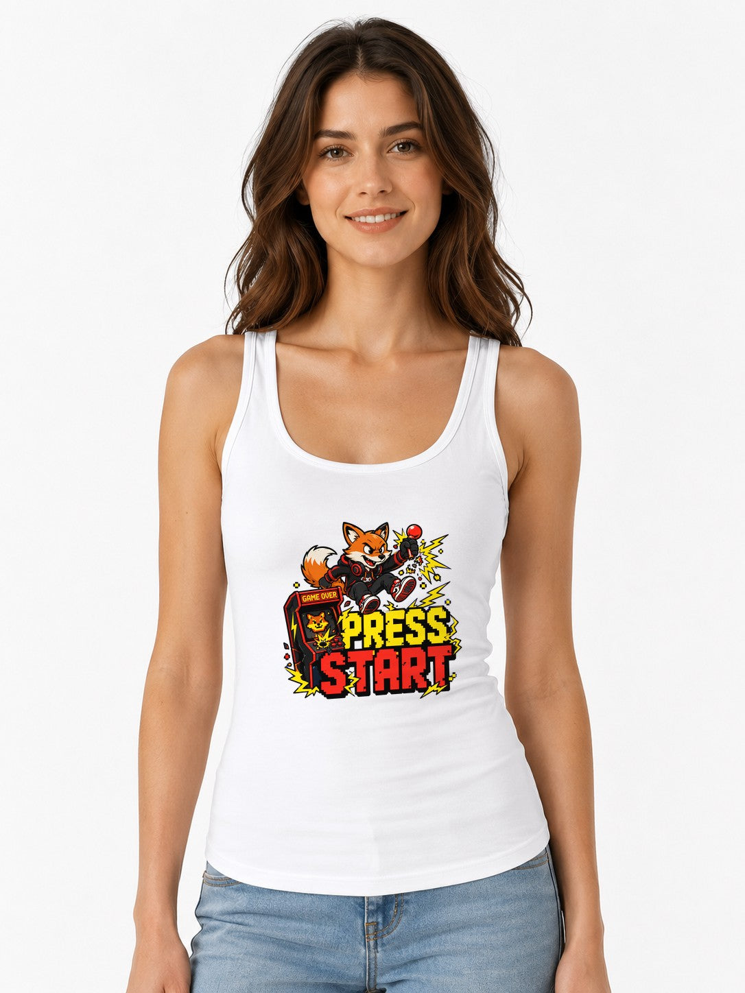 Press Start Fox Gamer Tee - Retro Arcade Gaming Shirt - White