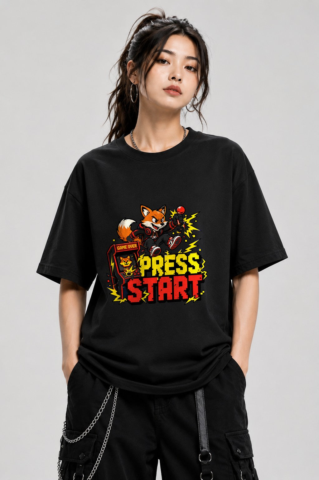 Press Start Fox Gamer Tee - Retro Arcade Gaming Shirt - Black