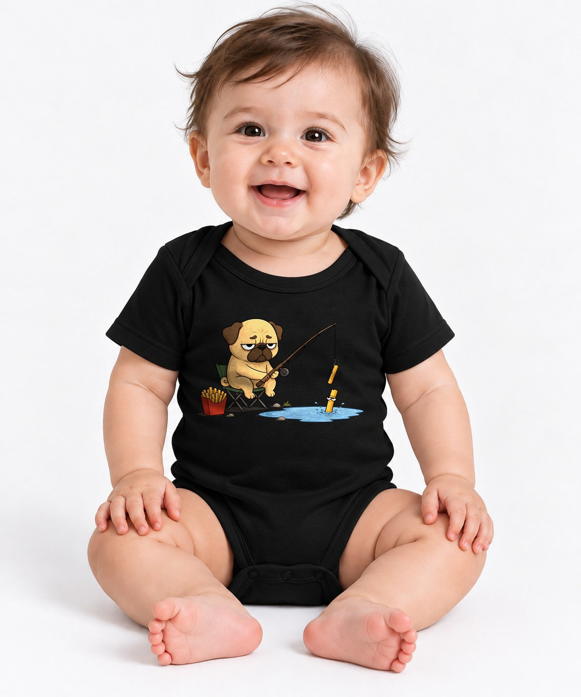 Pug Fishing French Fries Funny Dog Fast Food Humor - Black