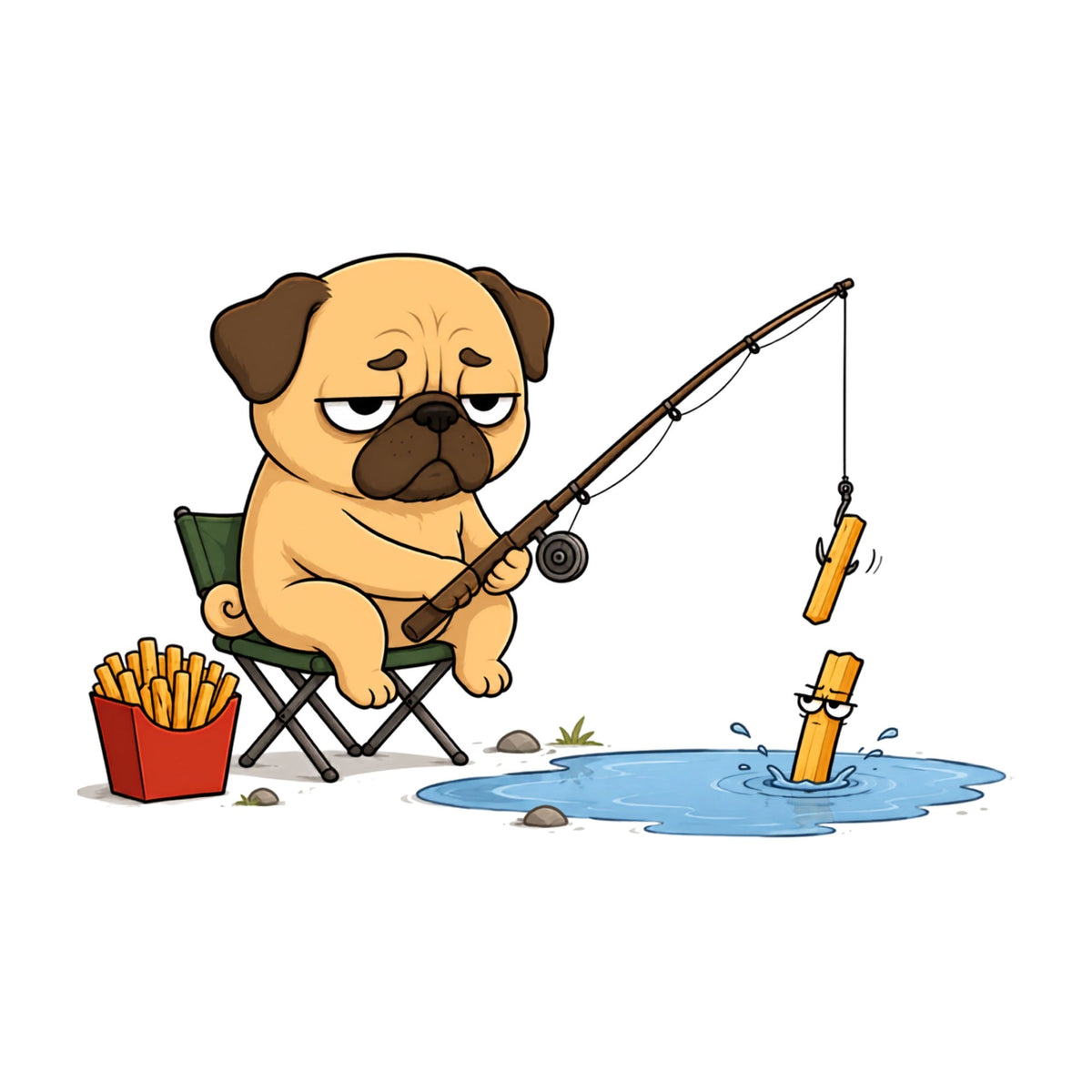 Pug Fishing French Fries Funny Dog Fast Food Humor