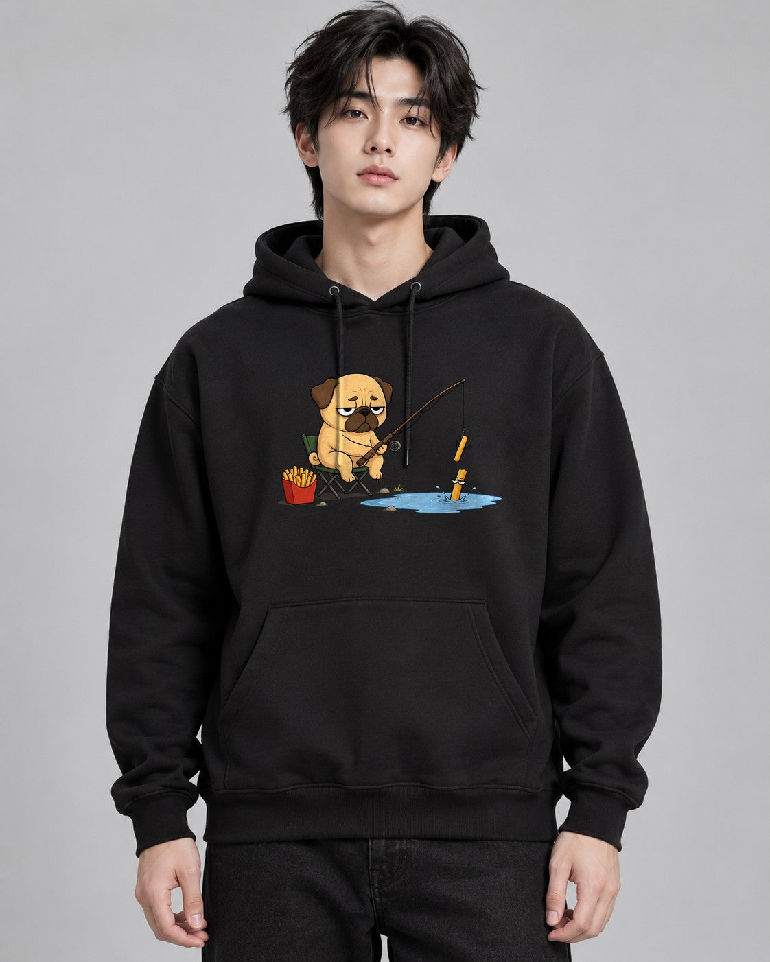 Pug Fishing French Fries Funny Dog F - Black