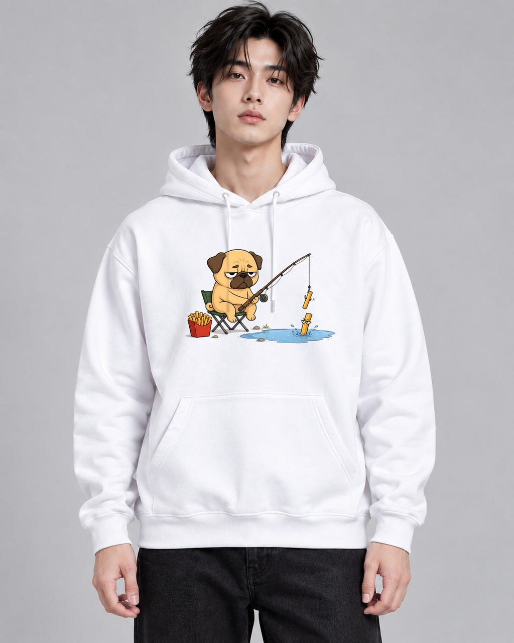 Pug Fishing French Fries Funny Dog F - White