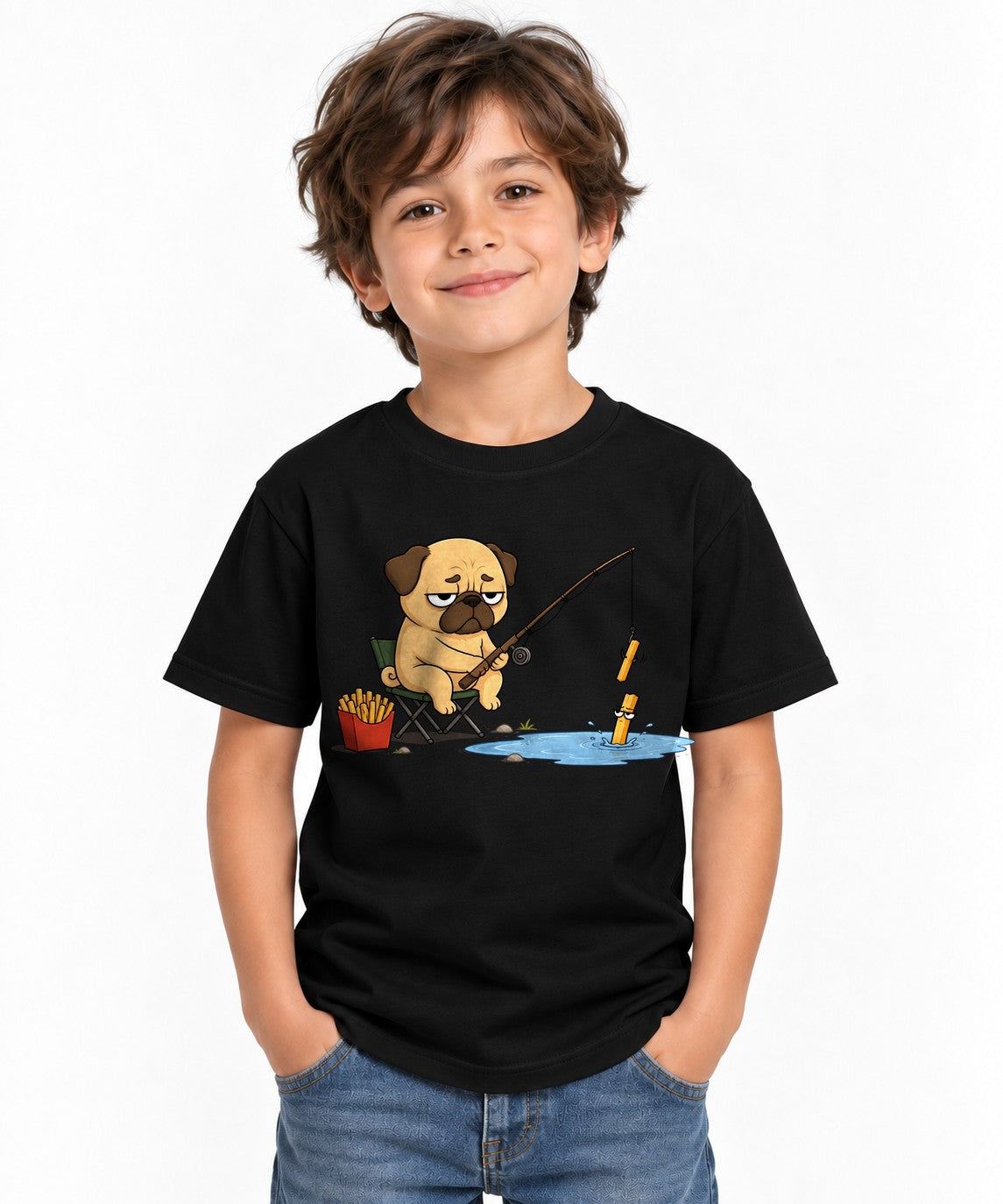Pug Fishing French Fries Funny Dog F - Black