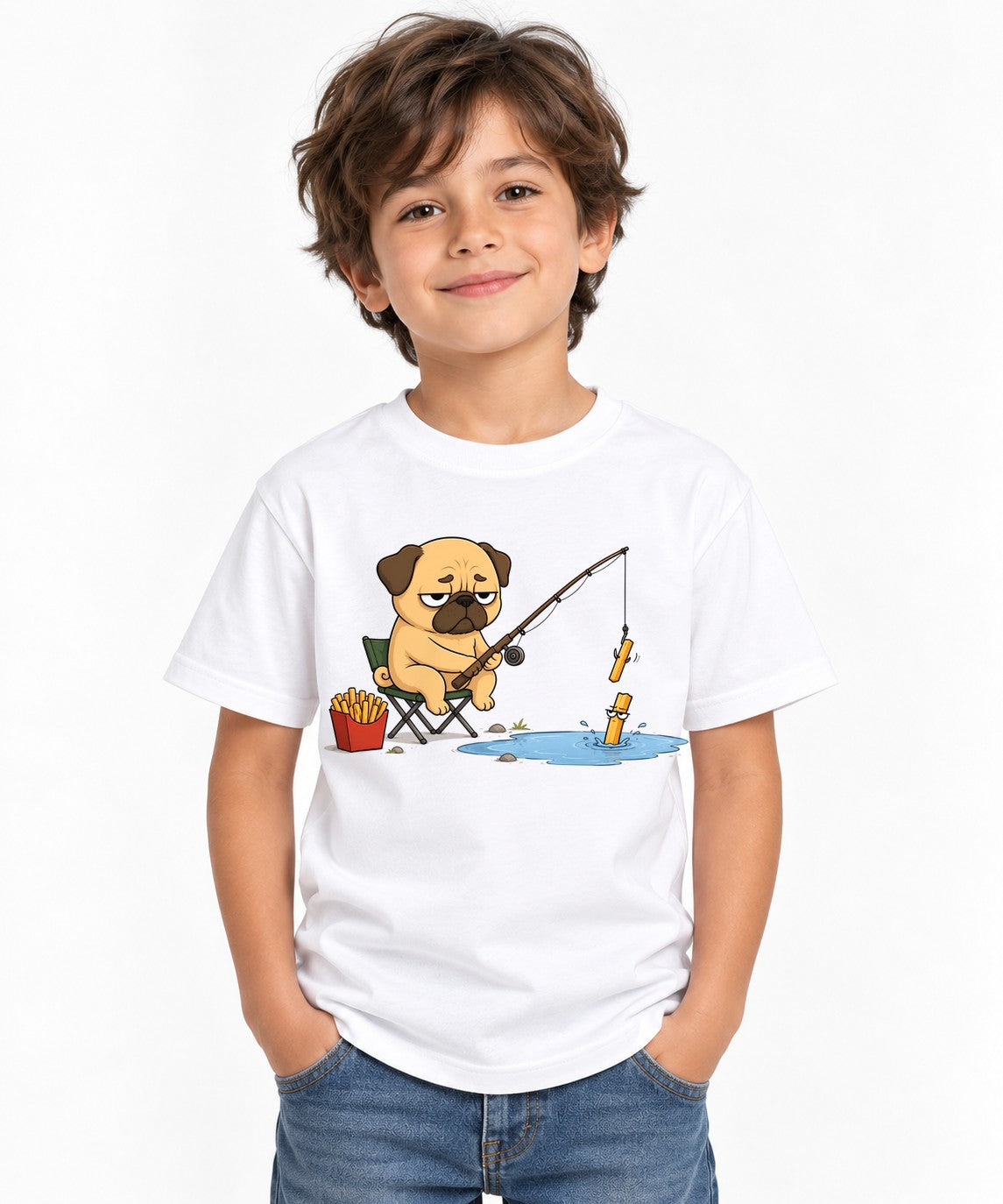Pug Fishing French Fries Funny Dog F - White