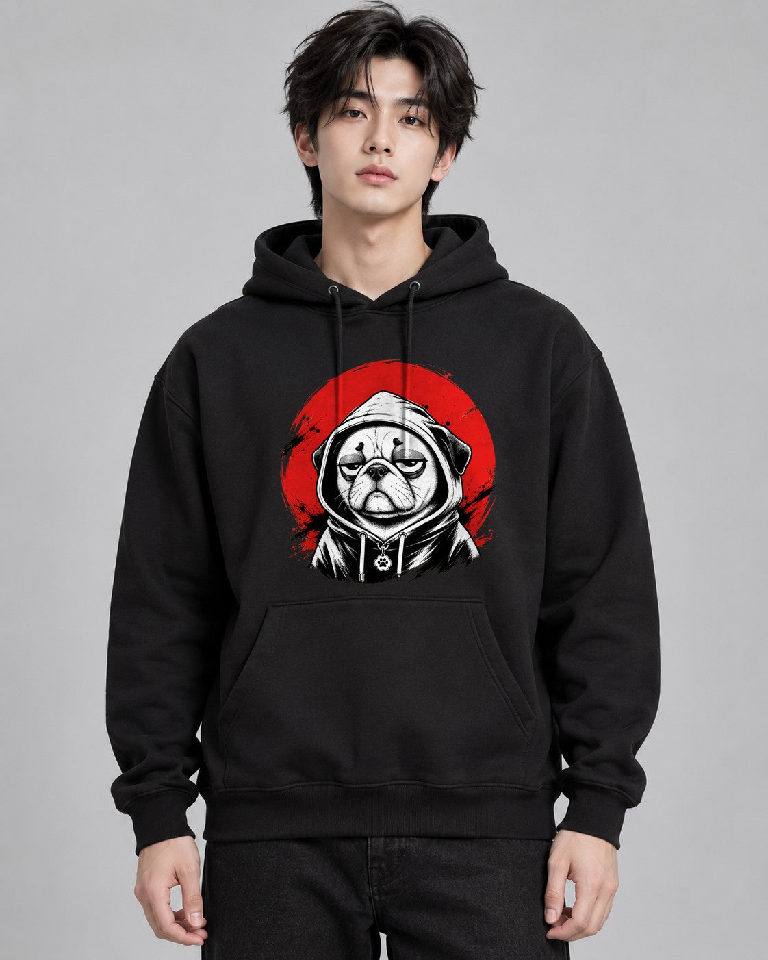 Pug In Hoodie Streetwear Japanese Re - Black