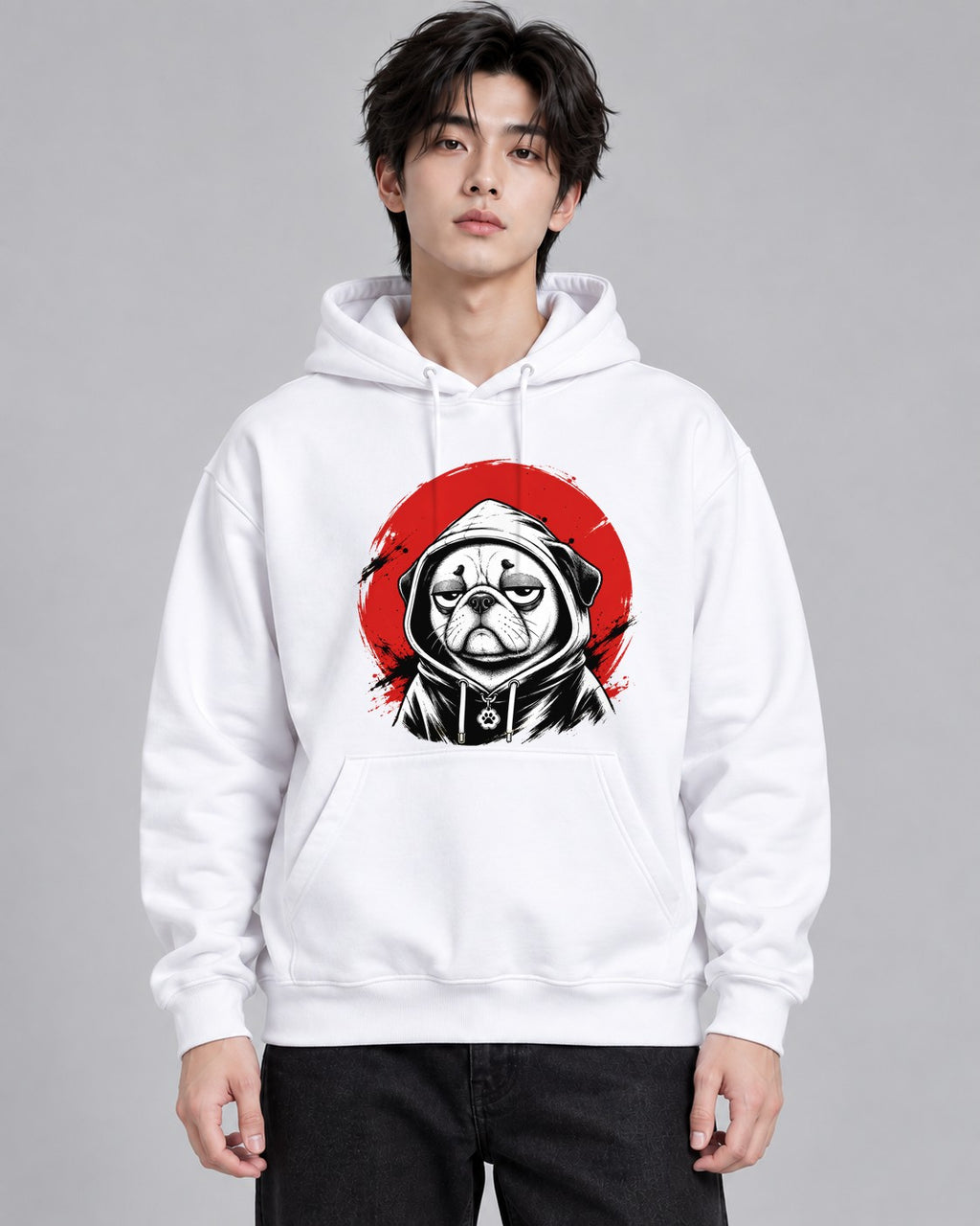 Pug In Hoodie Streetwear Japanese Re - White