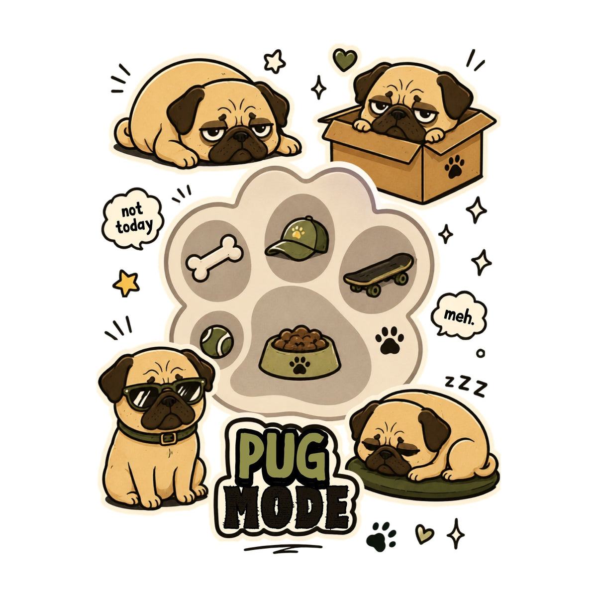 Pug Mode Cute Funny Lazy Dog Sticker Pack Aesthetic Pet Art