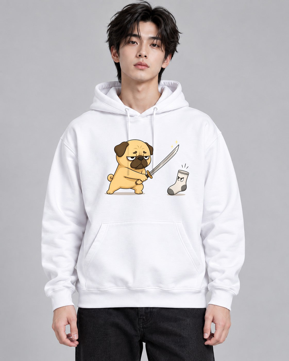 Pug Samurai vs Evil Sock Funny Dog K - White