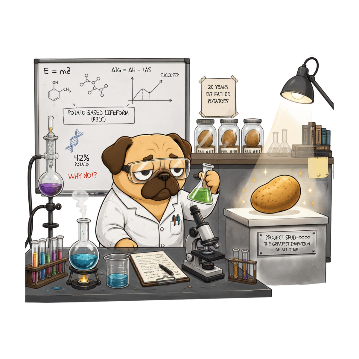 Pug Scientist Project Spud Potato Science Laboratory Humor