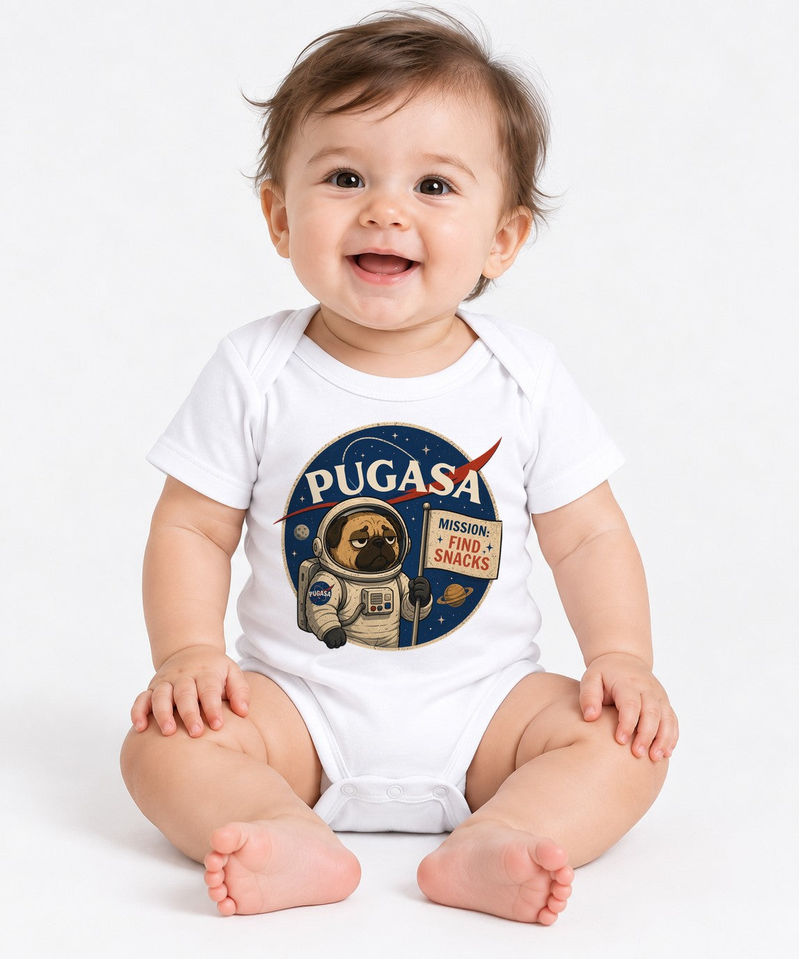 Pugasa Mission Find Snacks Funny Astronaut Pug Dog Space Humor - White