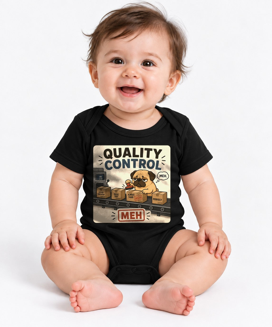 Quality Control Meh Funny Grumpy Pug Dog Factory Office Sarcasm - Black