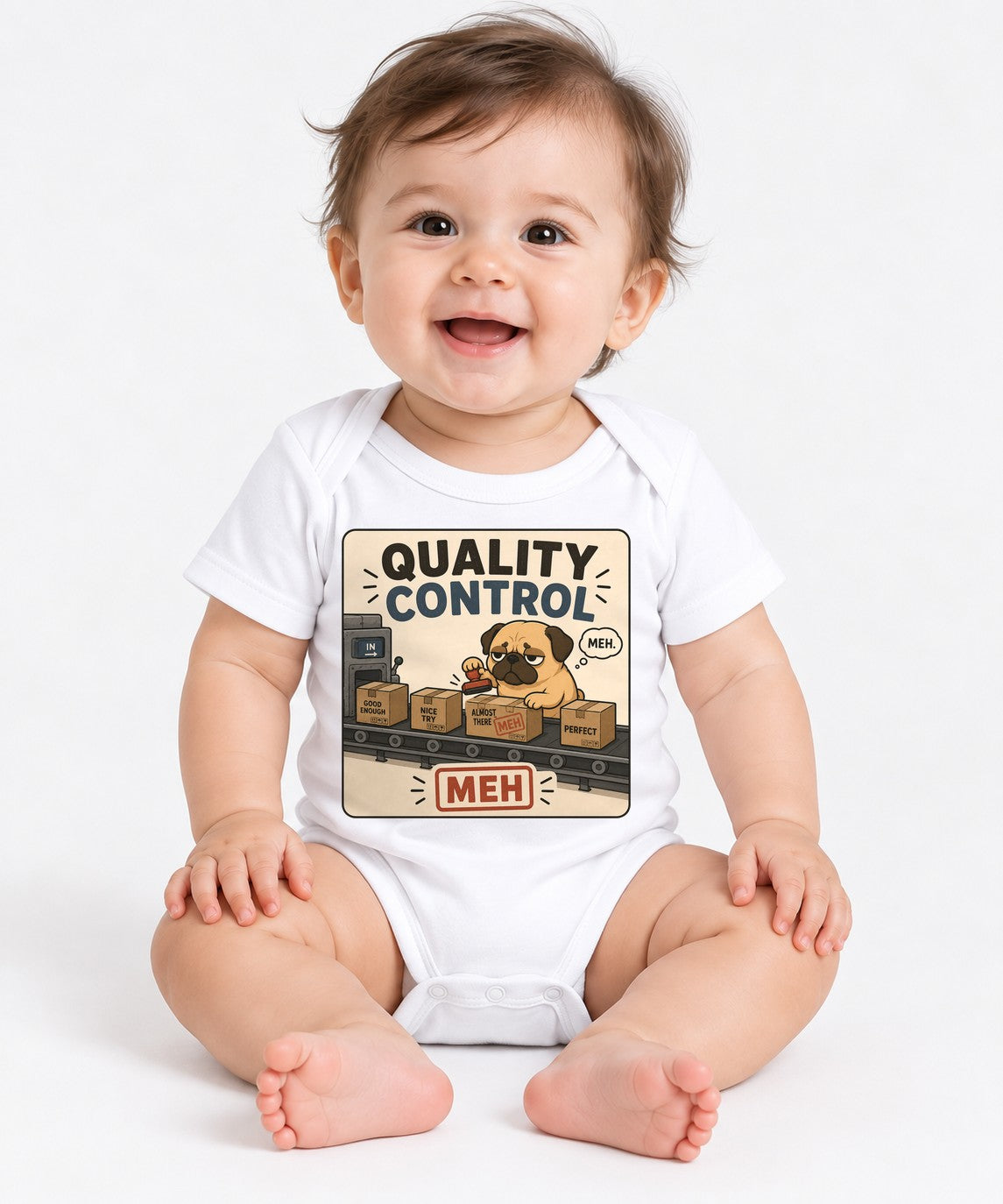 Quality Control Meh Funny Grumpy Pug Dog Factory Office Sarcasm - White