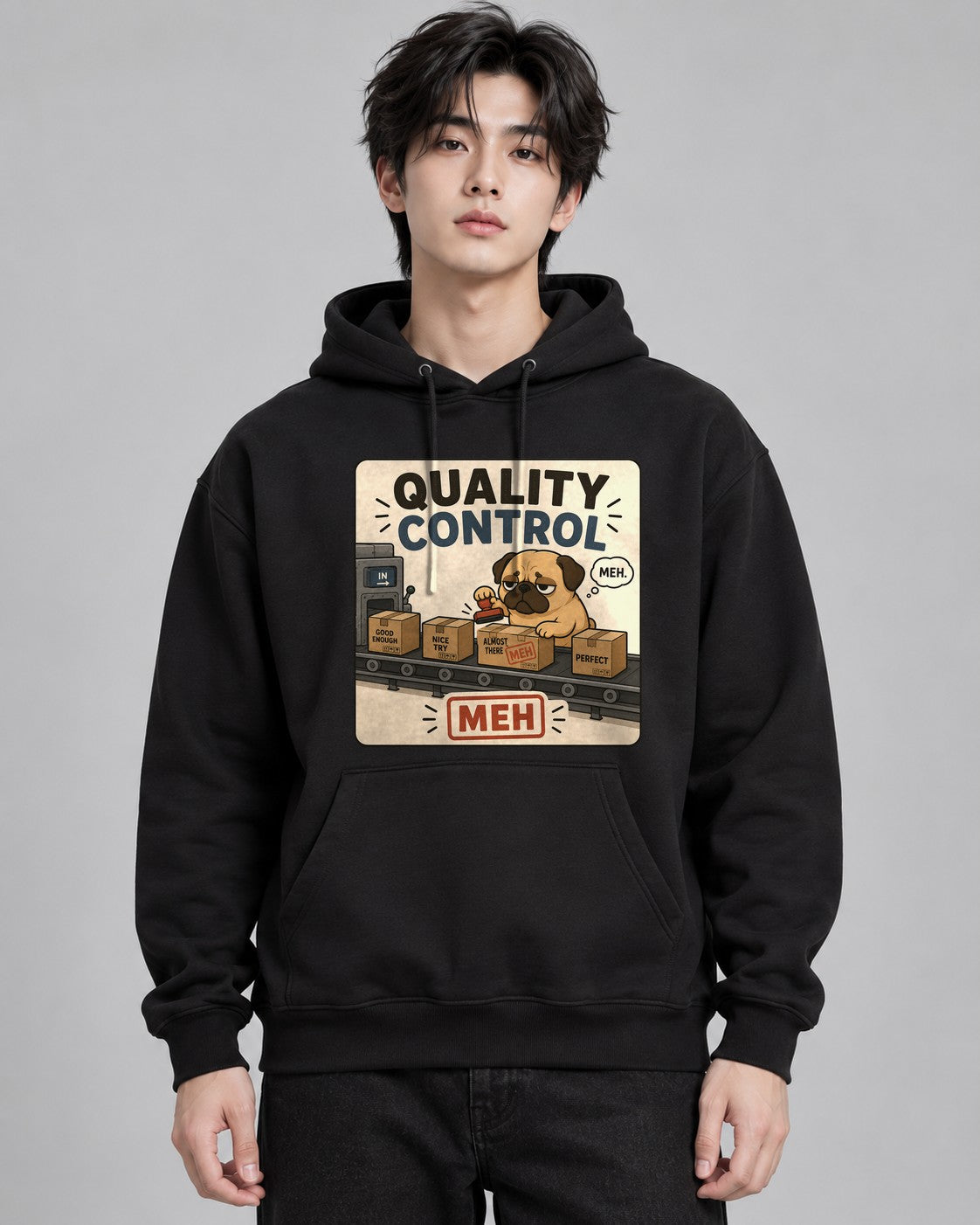 Quality Control Meh Funny Grumpy Pug - Black