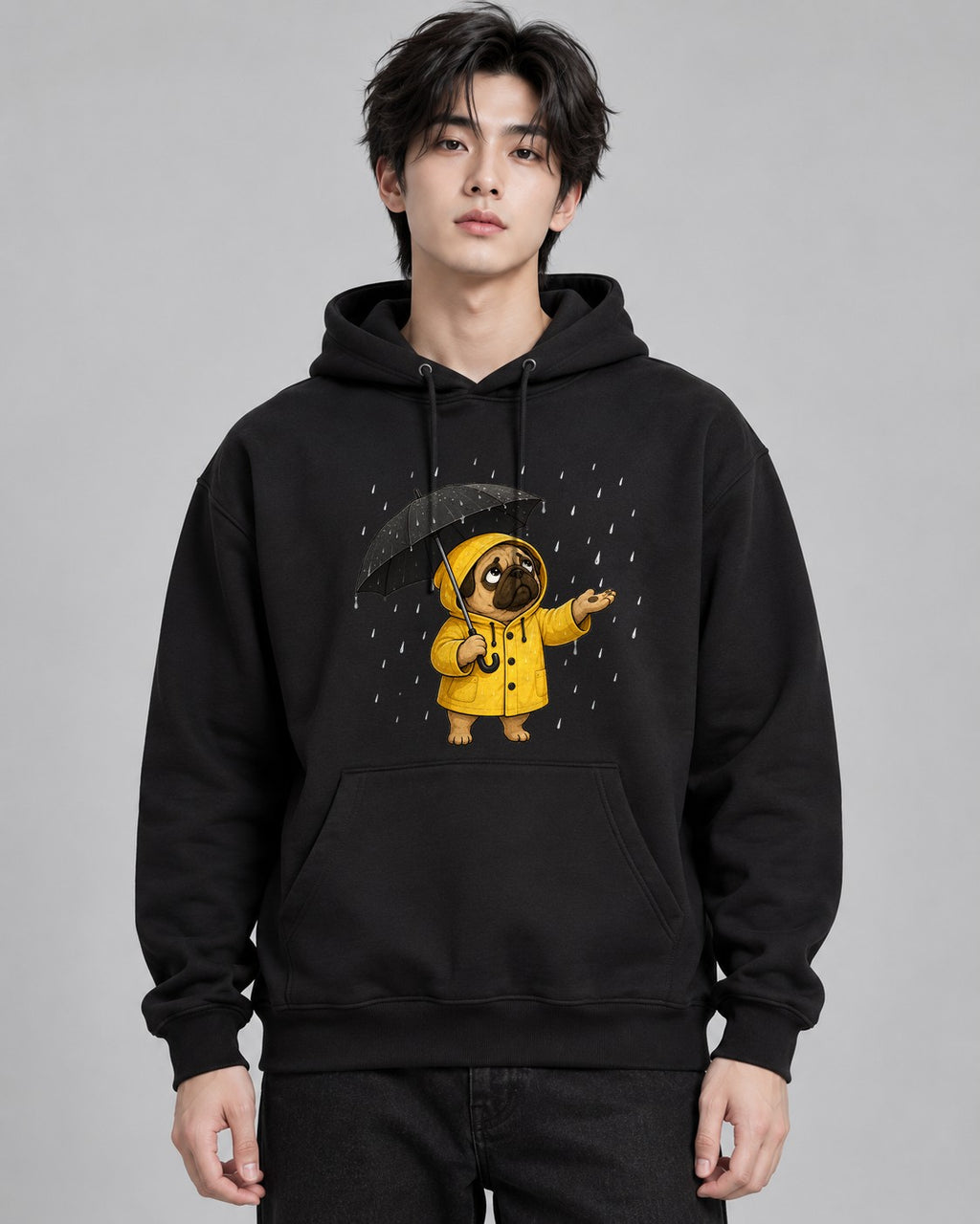 Rainy Day Yellow Raincoat Cute Pug D - Black