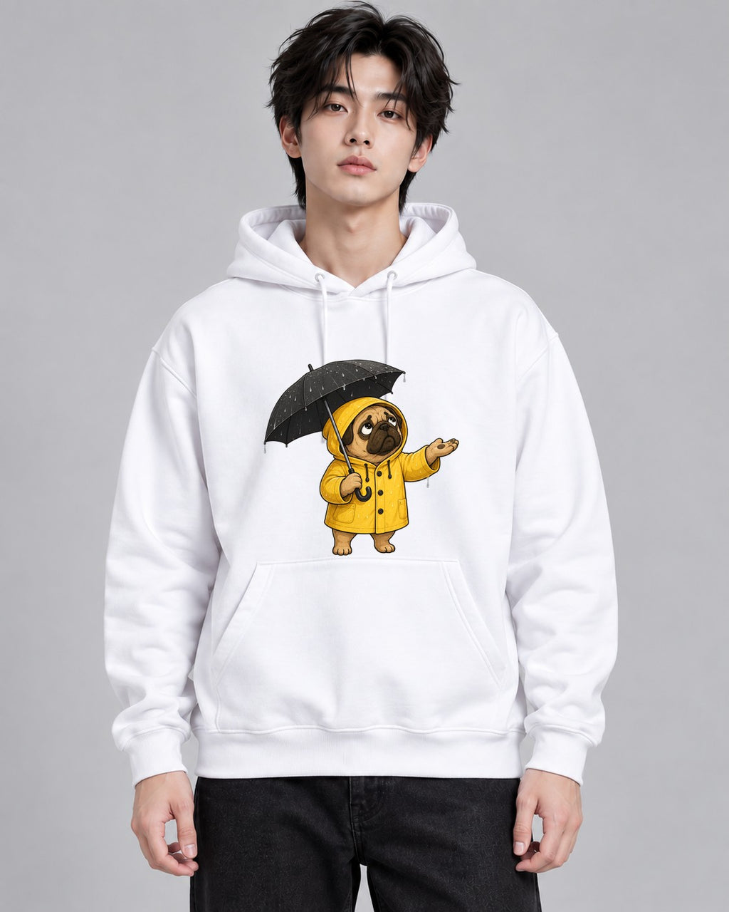 Rainy Day Yellow Raincoat Cute Pug D - White