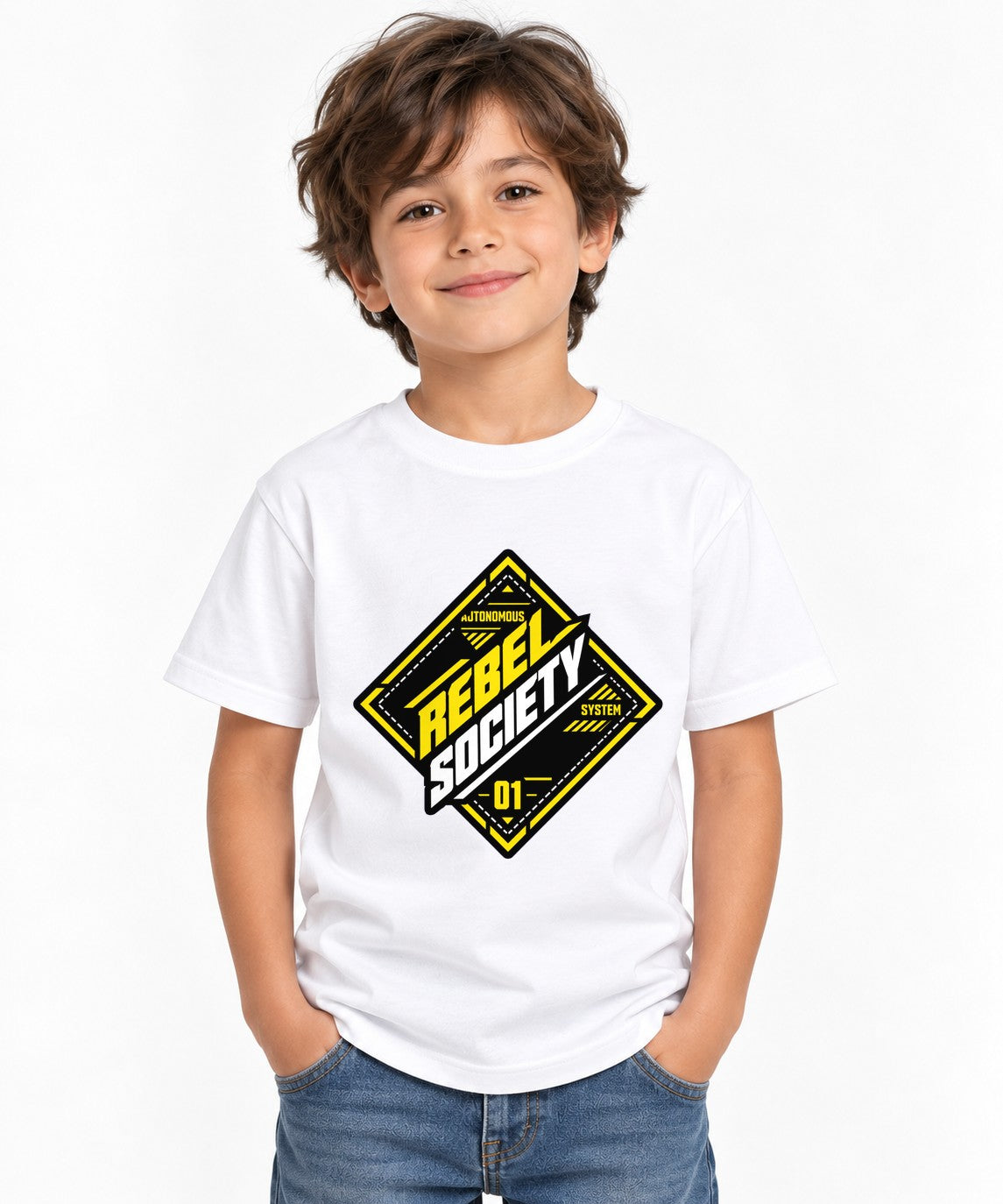 Rebel Society Graphic Tee - Industrial Streetwear Badge Design - White