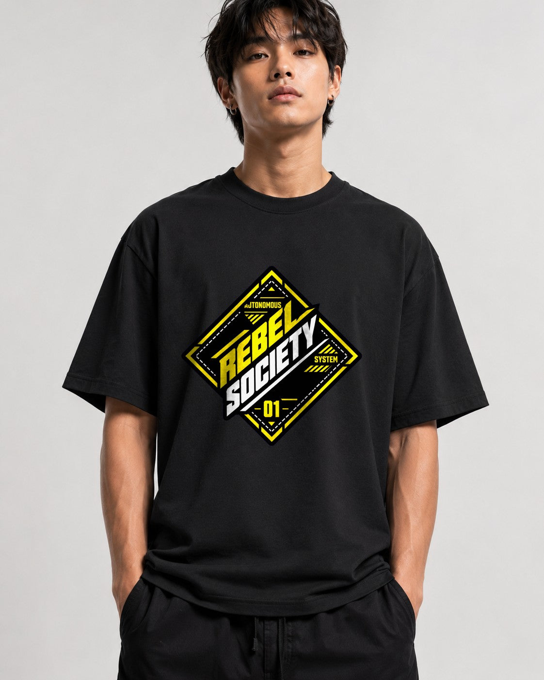 Rebel Society Graphic Tee - Industrial Streetwear Badge Design - Black