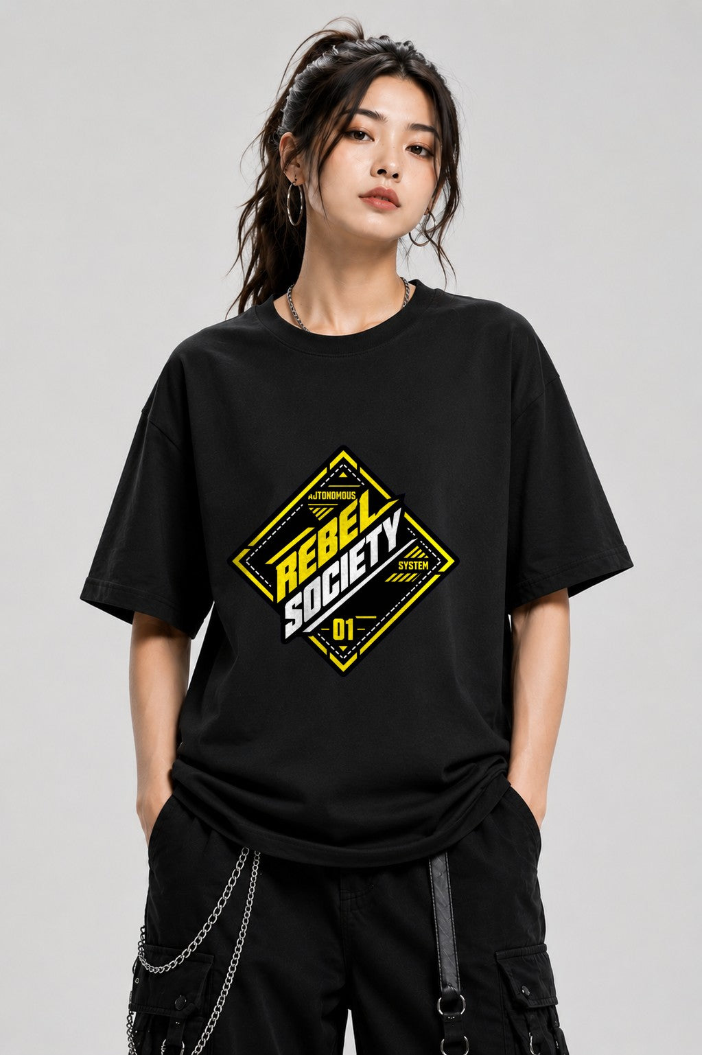 Rebel Society Graphic Tee - Industrial Streetwear Badge Design - Black