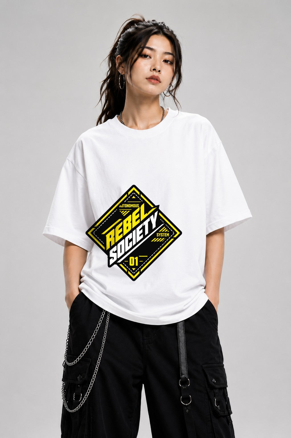 Rebel Society Graphic Tee - Industrial Streetwear Badge Design - White