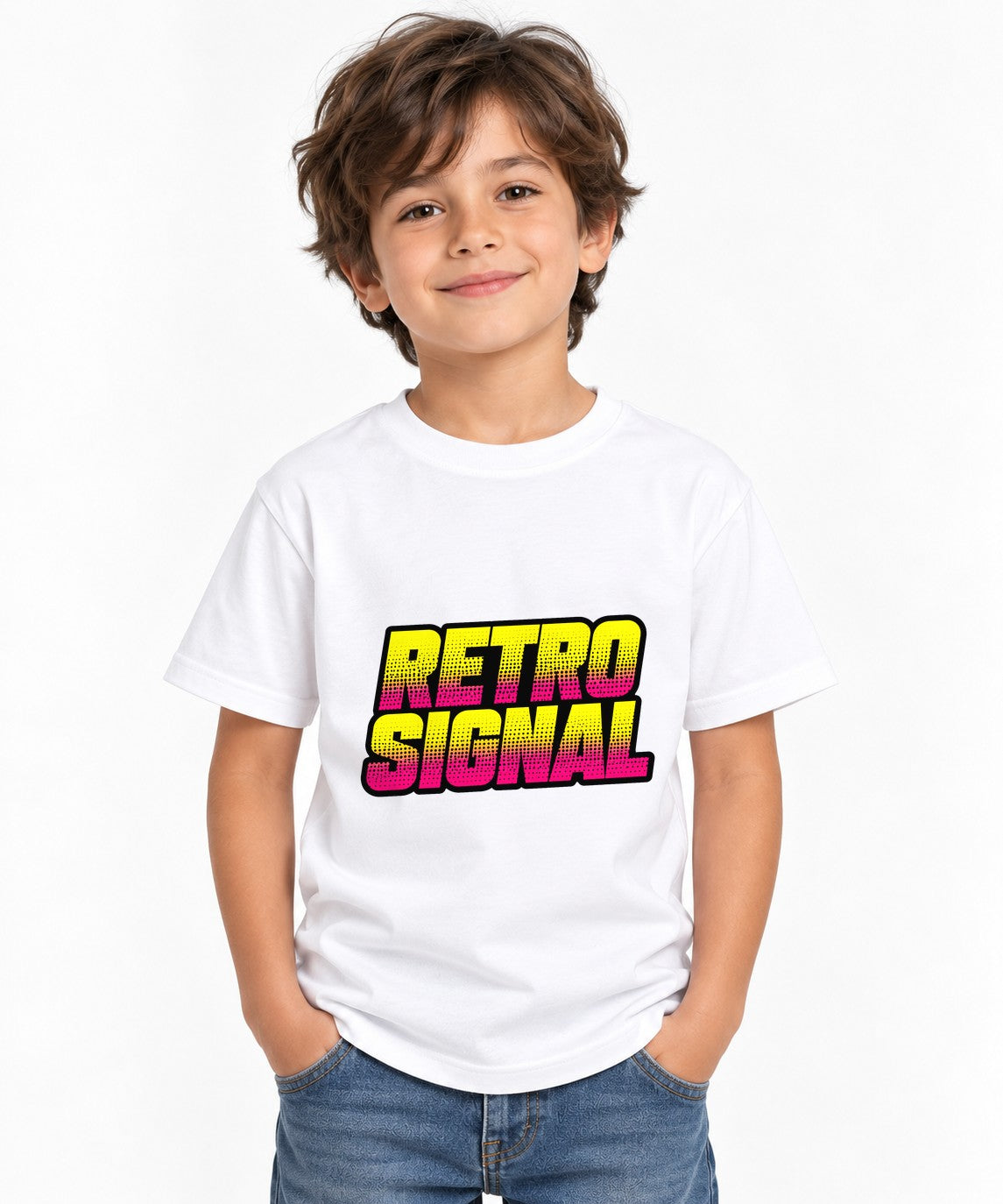 Retro Signal Graphic Tee - Bold 80s Style Halftone Text Design - White