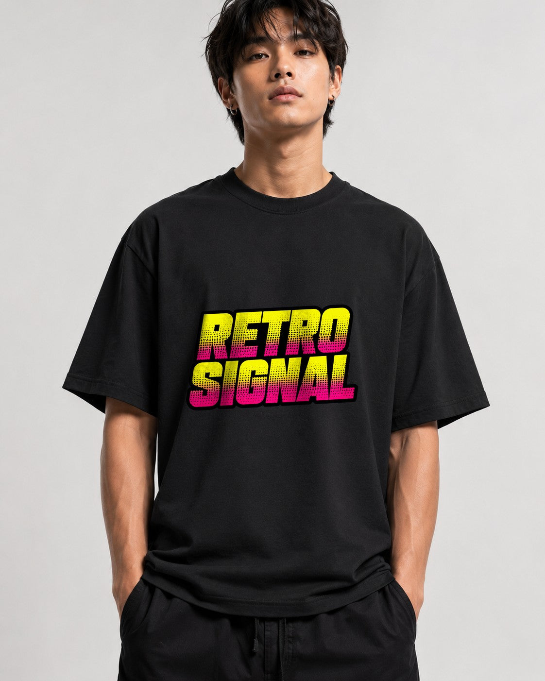 Retro Signal Graphic Tee - Bold 80s Style Halftone Text Design - Black