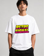 Retro Signal Graphic Tee - Bold 80s Style Halftone Text Design - White