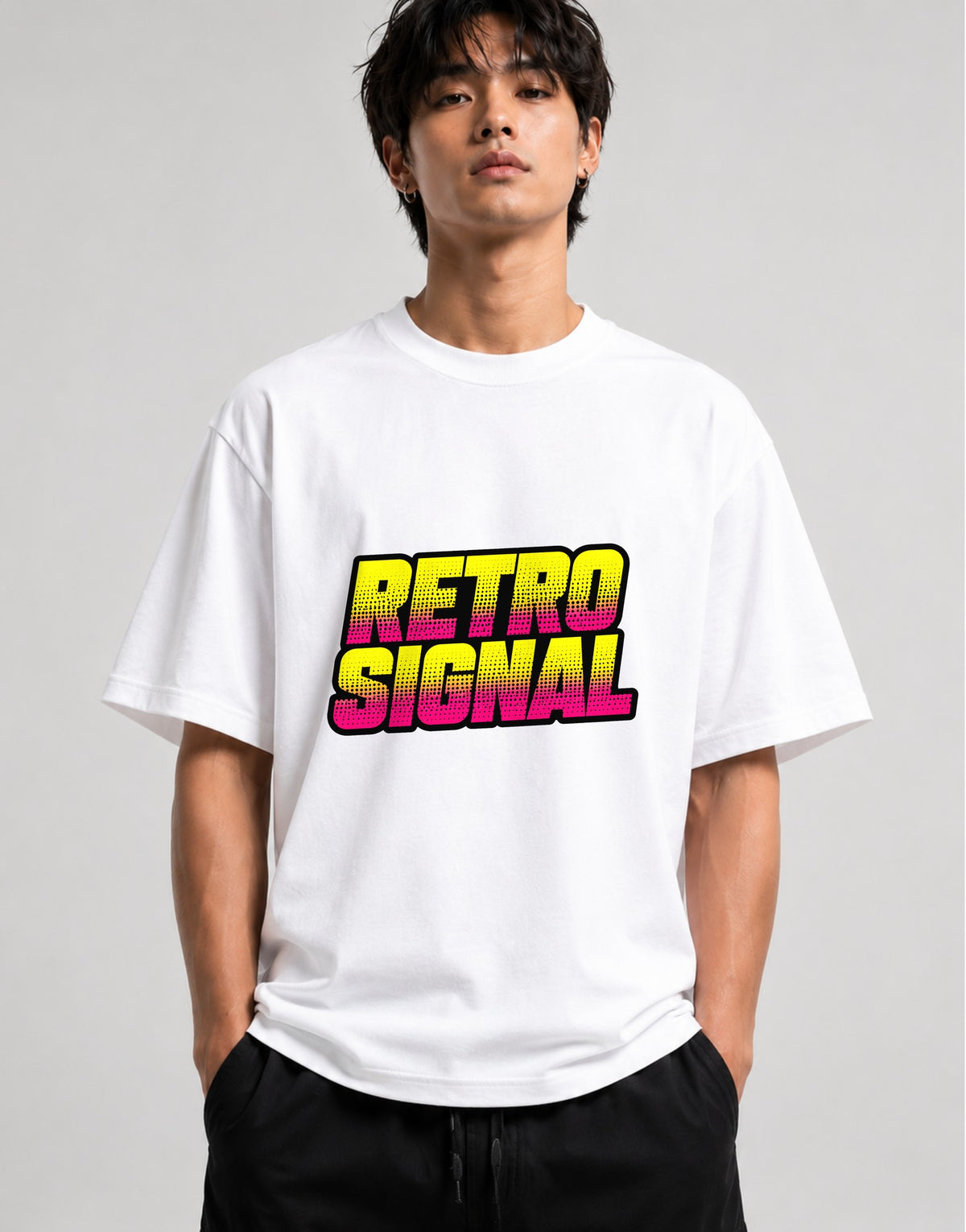 Retro Signal Graphic Tee - Bold 80s Style Halftone Text Design - White