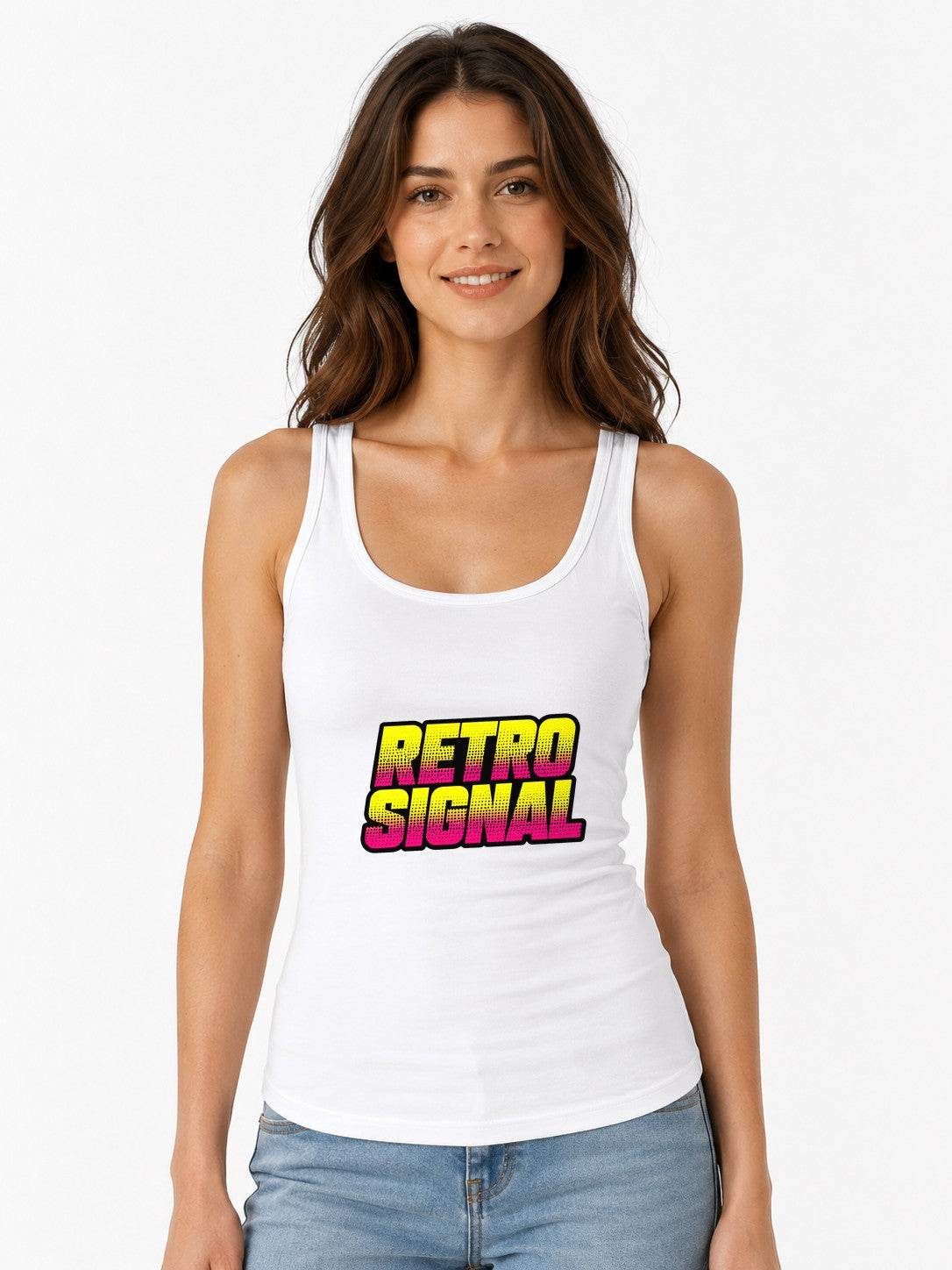Retro Signal Graphic Tee - Bold 80s Style Halftone Text Design - White