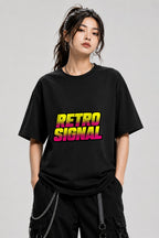 Retro Signal Graphic Tee - Bold 80s Style Halftone Text Design - Black