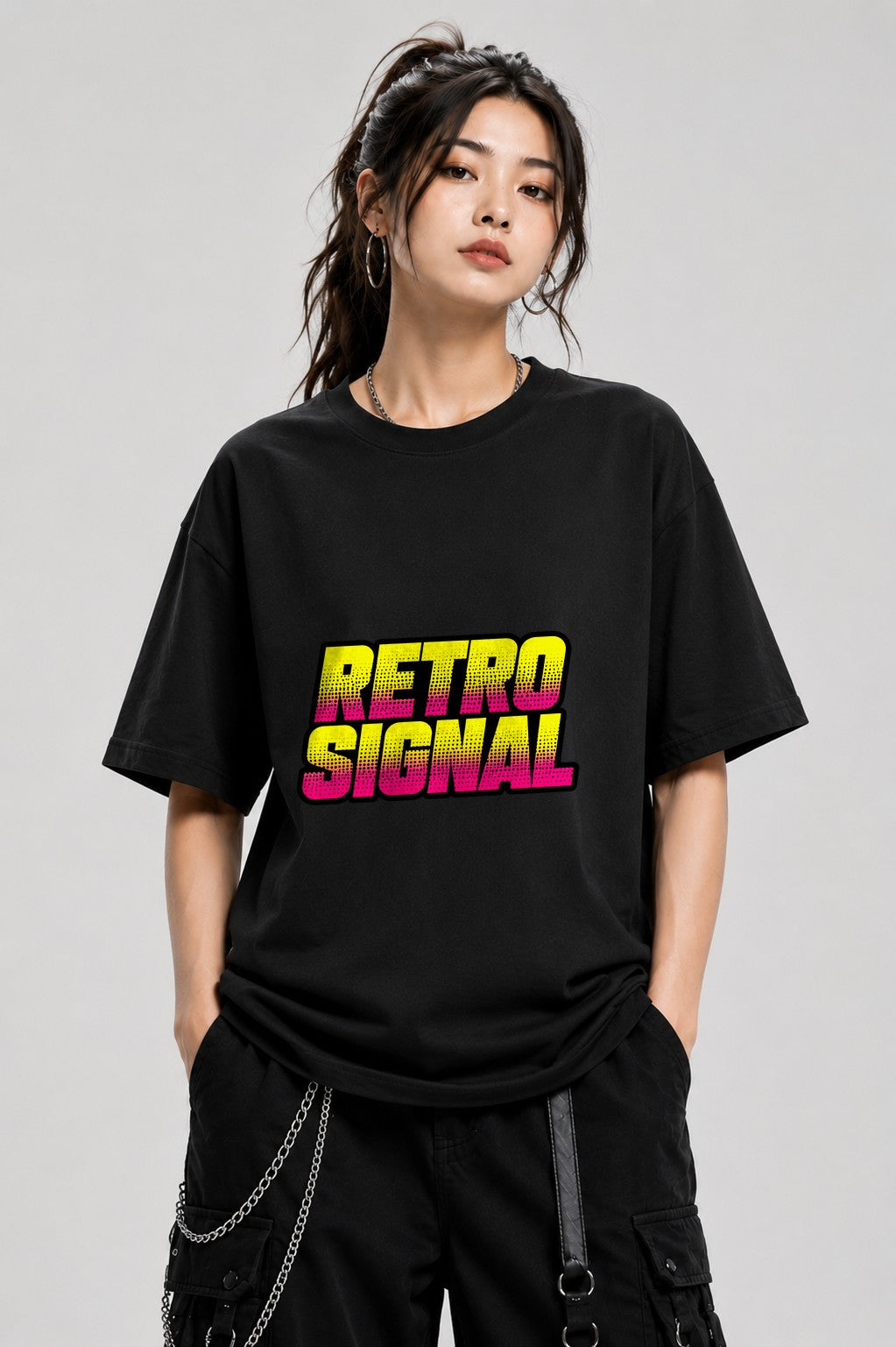 Retro Signal Graphic Tee - Bold 80s Style Halftone Text Design - Black