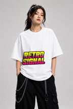 Retro Signal Graphic Tee - Bold 80s Style Halftone Text Design - White