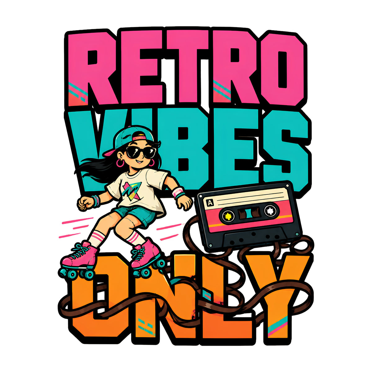 Retro Vibes Only Roller Skate Graphic T-Shirt 80s Aesthetic
