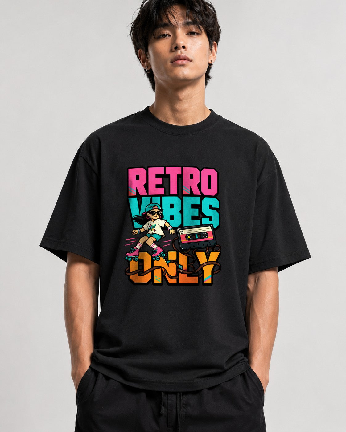 Retro Vibes Only Roller Skate Graphic T-Shirt 80s Aesthetic - Black