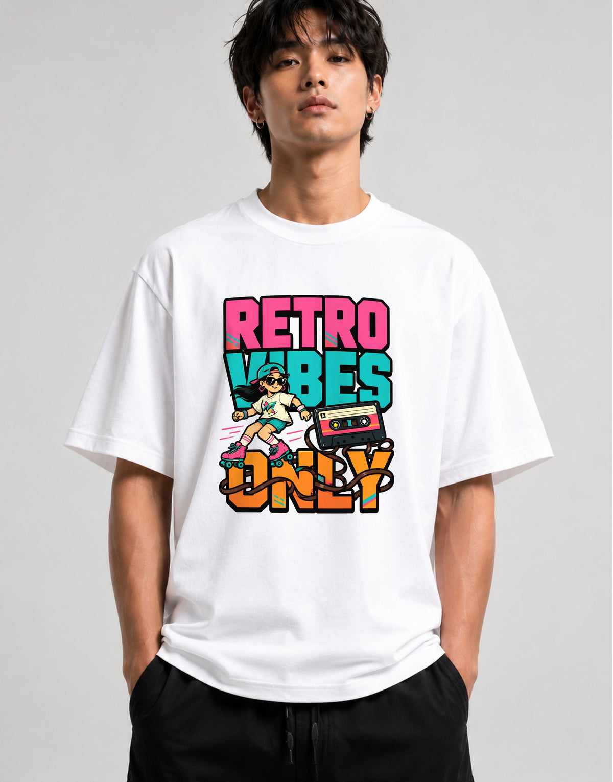 Retro Vibes Only Roller Skate Graphic T-Shirt 80s Aesthetic - White