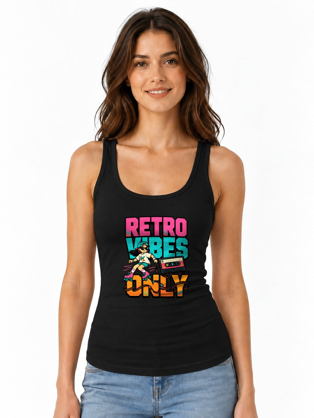 Retro Vibes Only Roller Skate Graphic T-Shirt 80s Aesthetic - Black